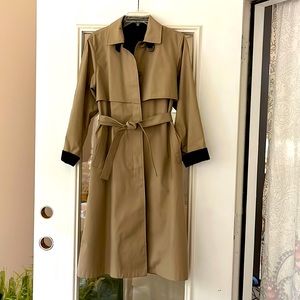 Ladies London Fog long all-weather coat. Tan color, brown lining, Size 6P.